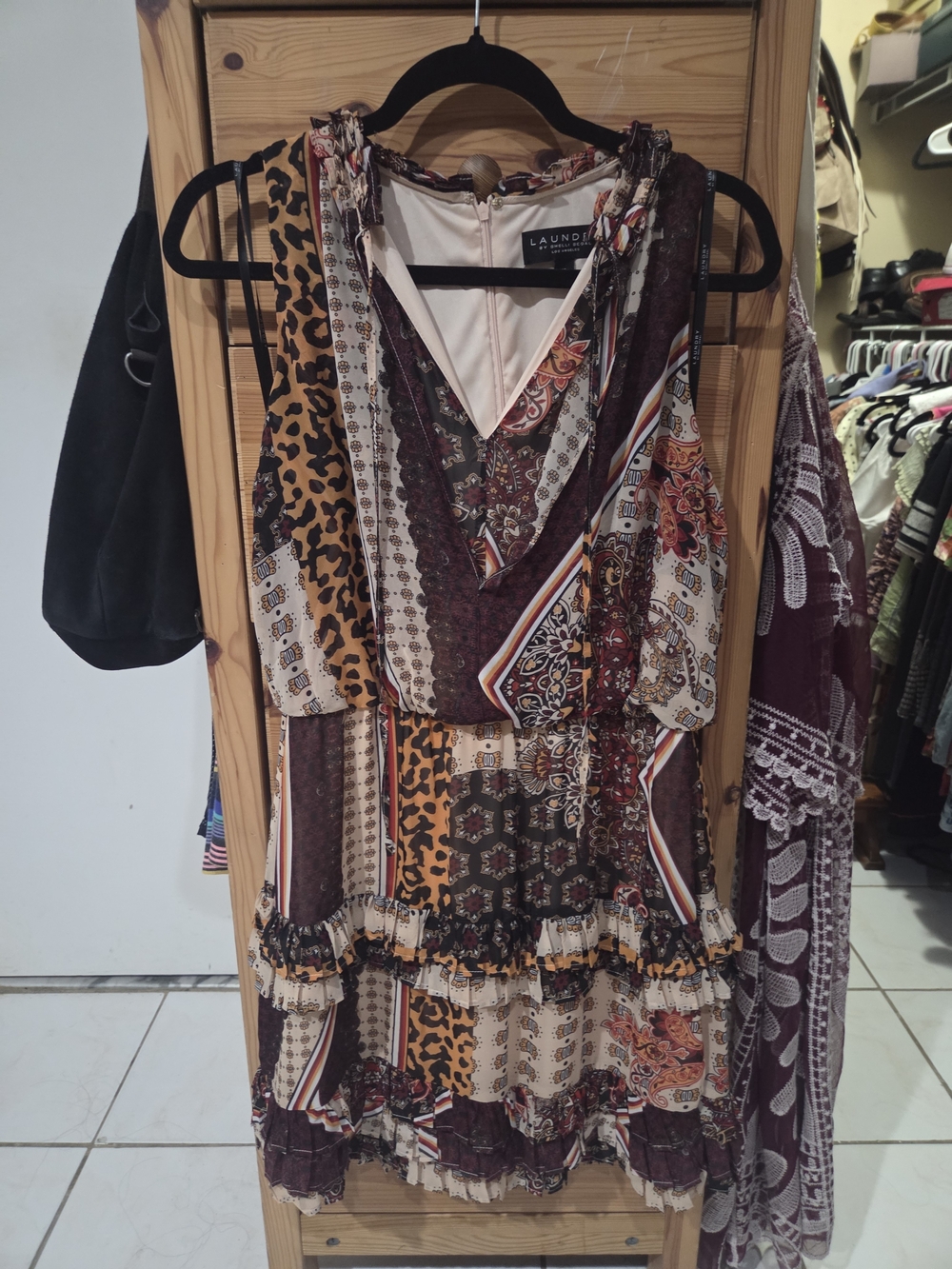 Laundry By Shelli Segal Patchwork Print V-Neck Dress in Burgundy & Tan